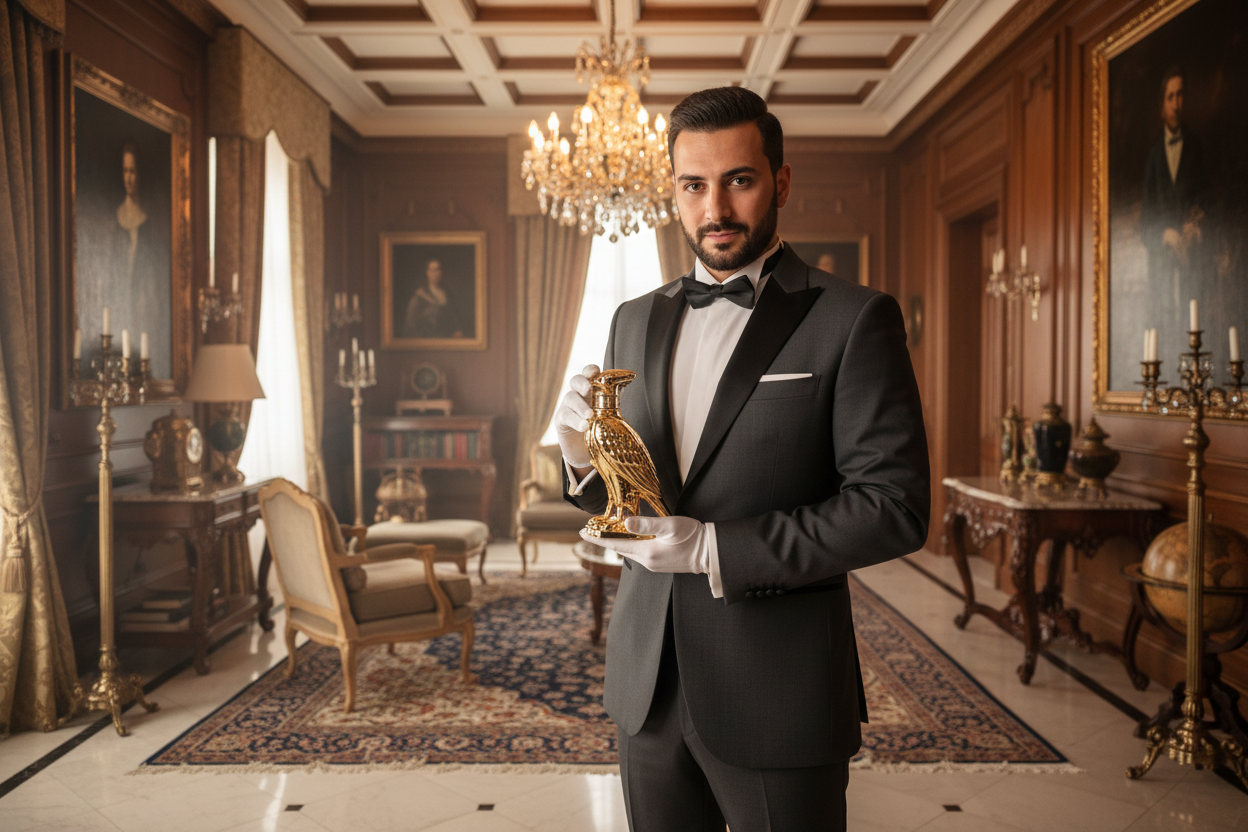 Man in a tuxedo holding a decorative object in an opulent room with chandeliers and paintings.