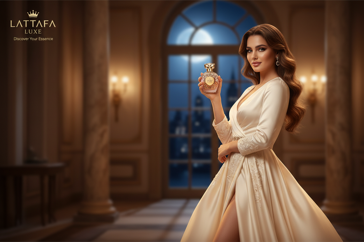 Woman holding a perfume bottle in an elegant room with Lattafa Luxe branding.